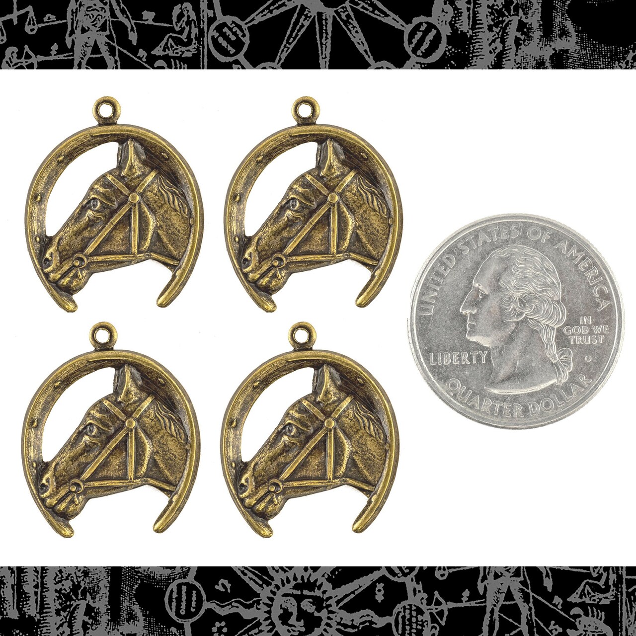 Antiqued Brass Horse Head in Horseshoe Charms - Set of Four - AB-C217